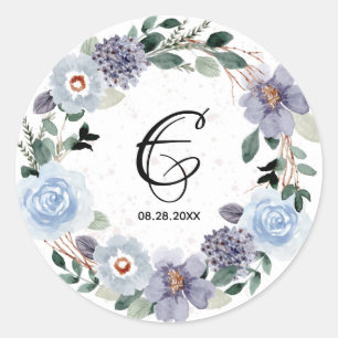 Hochzeitsdatum-Monogramm lila floraler Kranz Runder Aufkleber