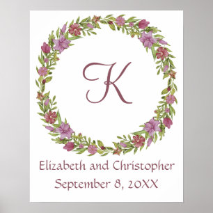 Hochzeitsdatum Monogramm Namen Pink Lila Floral Poster