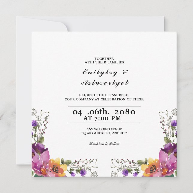 Hochzeitsdekoration mit farbenfroher Blumenkarte Einladung (Vorderseite)