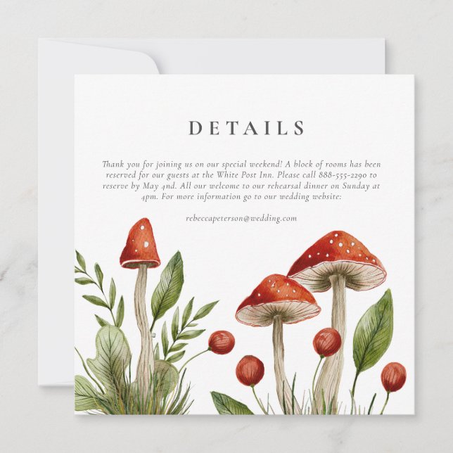 Hochzeitsdetails des Wald Watercolor Pilzes Karte (Vorderseite)