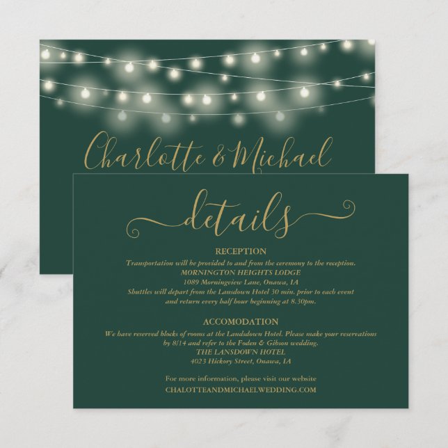 Hochzeitsdetails Frühlingsleuchten Skript Grün Gol Begleitkarte (Vorne/Hinten)