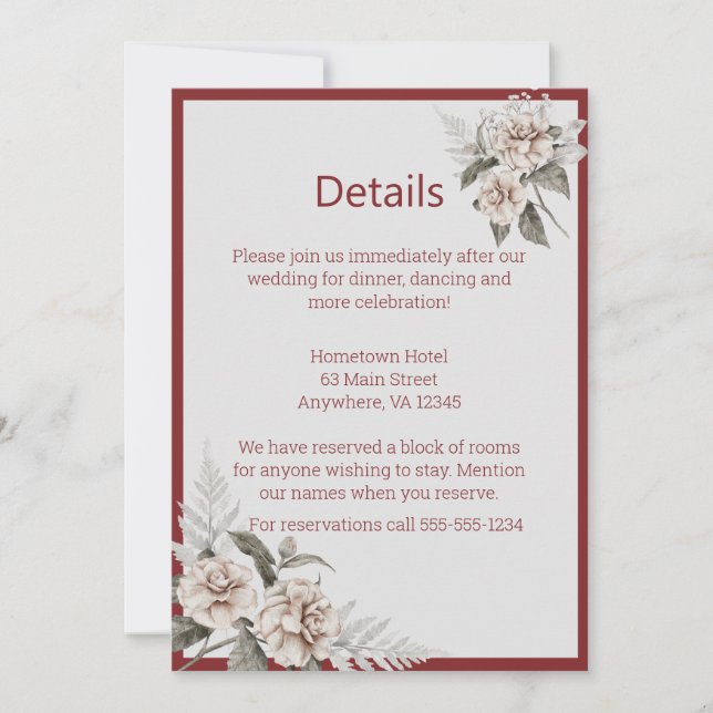 Hochzeitsdetails für Burgund, Rose und Weiße Rosen Einladung (Vorderseite)