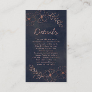 Hochzeitsdetails für Navy Blue & Rose Gold Foil Begleitkarte