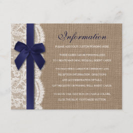 Hochzeitsdetails für Navy Ribbon auf Burlap & Lace Begleitkarte