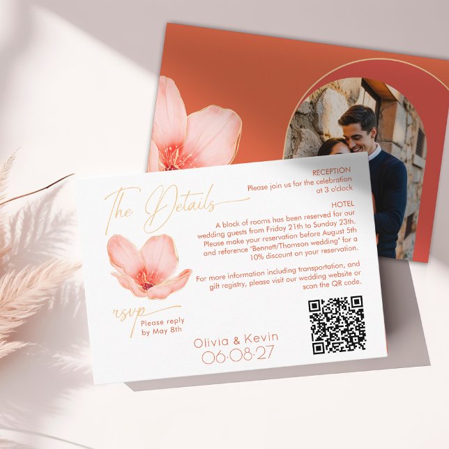Hochzeitsdetails hellorange Blume gewölbte Foto Begleitkarte (Von Creator hochgeladen)
