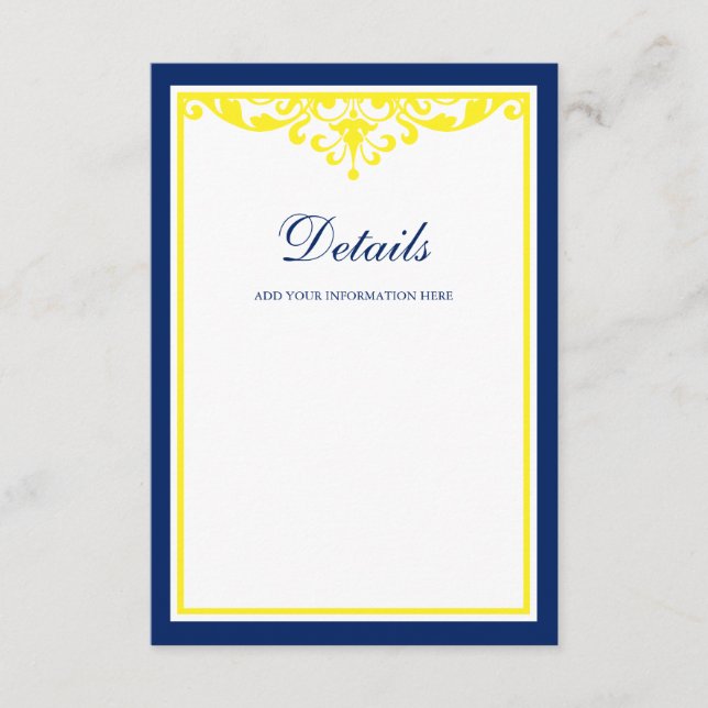 Hochzeitsdetails in Navy Blue und Gelb Geblüht Begleitkarte (Vorderseite)