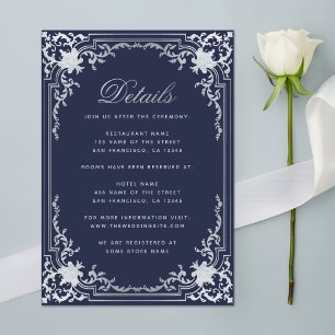Hochzeitsdetails Marineblau Vintage Elegant Schrif Begleitkarte