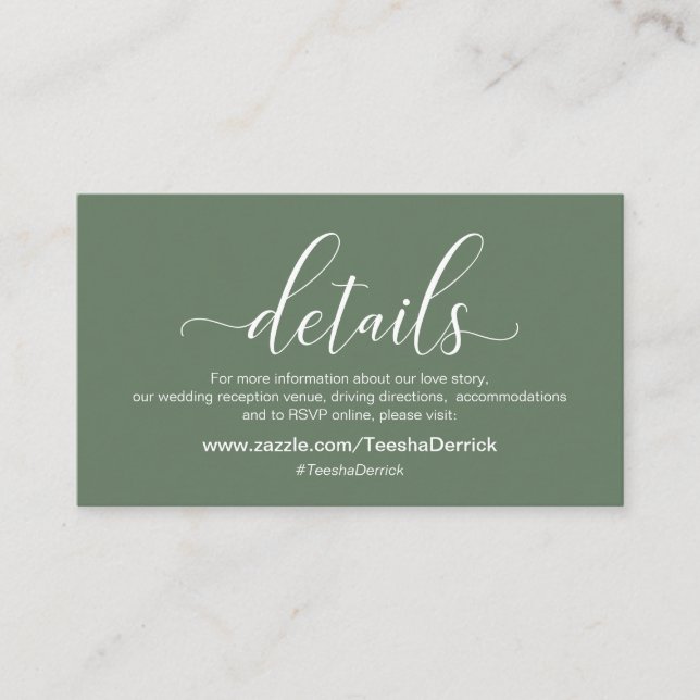 Hochzeitsdetails, Modern Sage Green Thema Begleitkarte (Vorderseite)