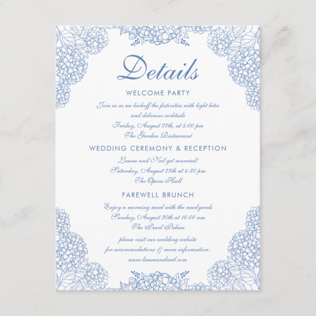 Hochzeitsdetails Modernes Hydrangea Dusty Blue Flo Begleitkarte (Vorderseite)