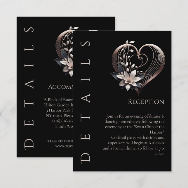 Hochzeitsdetails - Modernes rosa Herz mit Blume Begleitkarte (Vorne/Hinten)