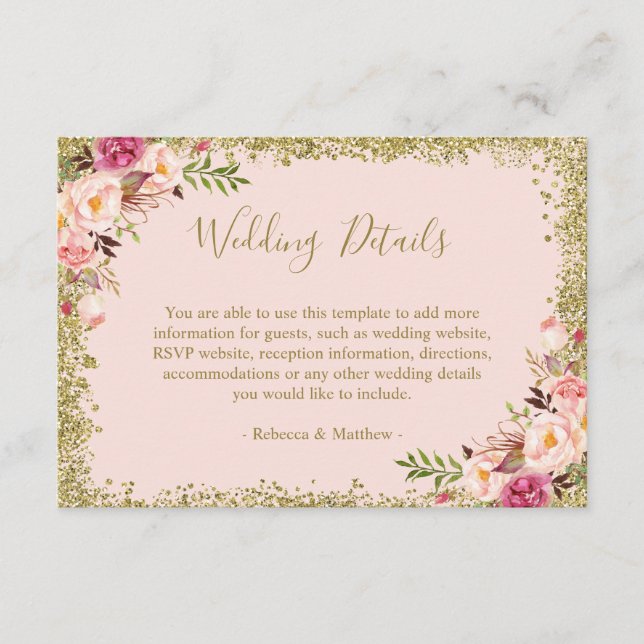 Hochzeitsdetails - Rosa goldene Glitzer floral Begleitkarte (Vorderseite)