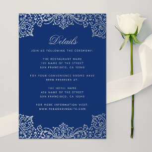 Hochzeitsdetails Royal Blue Silver Elegante Antiqu Begleitkarte