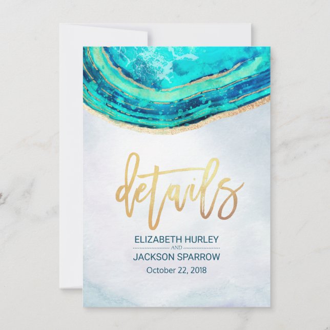Hochzeitsdetails Wasserfarbe Aquamarin & Gold Agat Einladung (Rückseite)