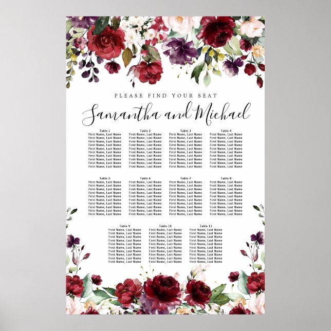 Hochzeitsdiagramm aus Burgund Roter Flora mit 11 T Poster (Vorne)