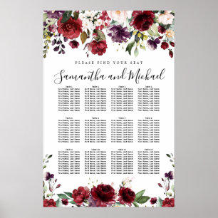 Hochzeitsdiagramm aus Burgund Roter Flora mit 12 T Poster