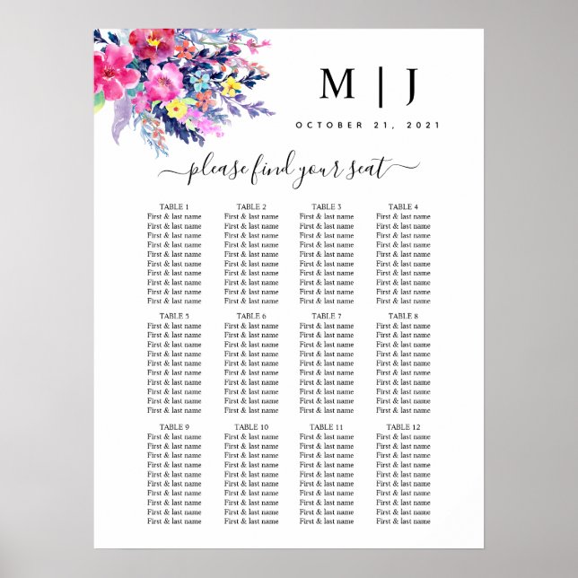 Hochzeitsdiagramm aus heiß rosa Gelbblütenblättern Poster (Vorne)