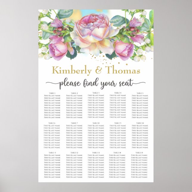 Hochzeitsdiagramm der Rose Wasserfarbenblush Poster (Vorne)