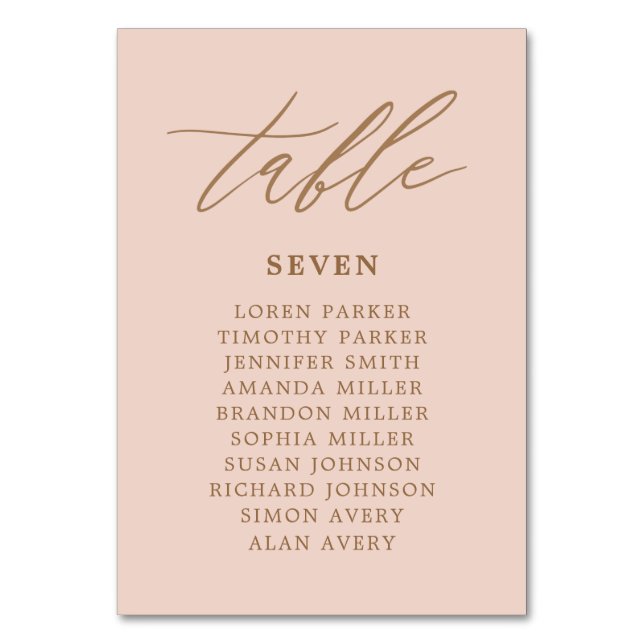Hochzeitsdiagramm für Blush und Gold Tischnummer (Vorderseite)