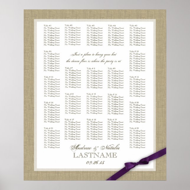 Hochzeitsdiagramm für Burlap und Lila Bow Poster (Vorne)
