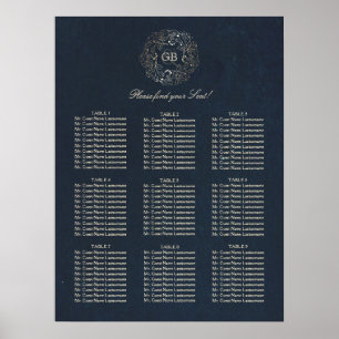 Hochzeitsdiagramm für Gold- und Navy-Floral-Kräne Poster
