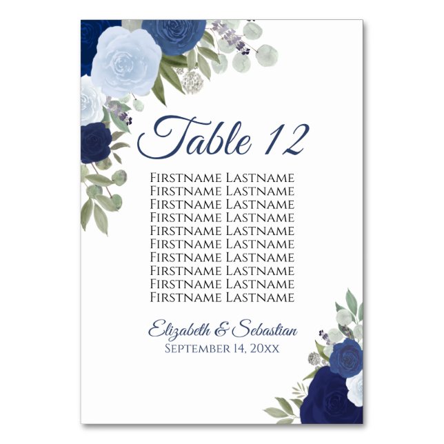 Hochzeitsdiagramm für Navy Blue & Indigo-Rose Tischnummer (Vorderseite)