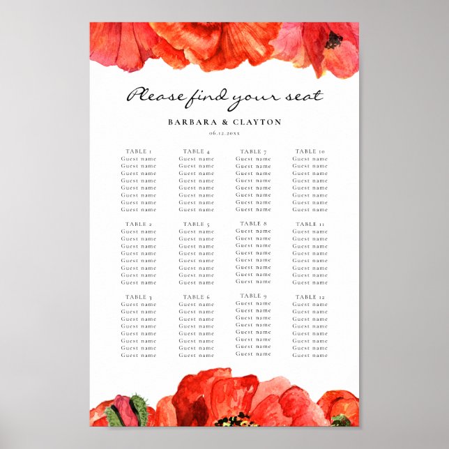 Hochzeitsdiagramm für Rote Mohnblumen Poster (Vorne)