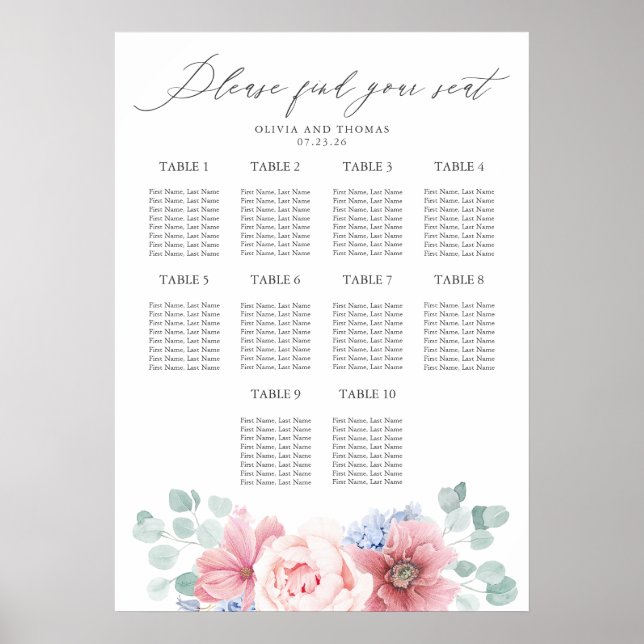 Hochzeitsdiagramm in trostfreiem Blau und Rosa Poster (Vorne)