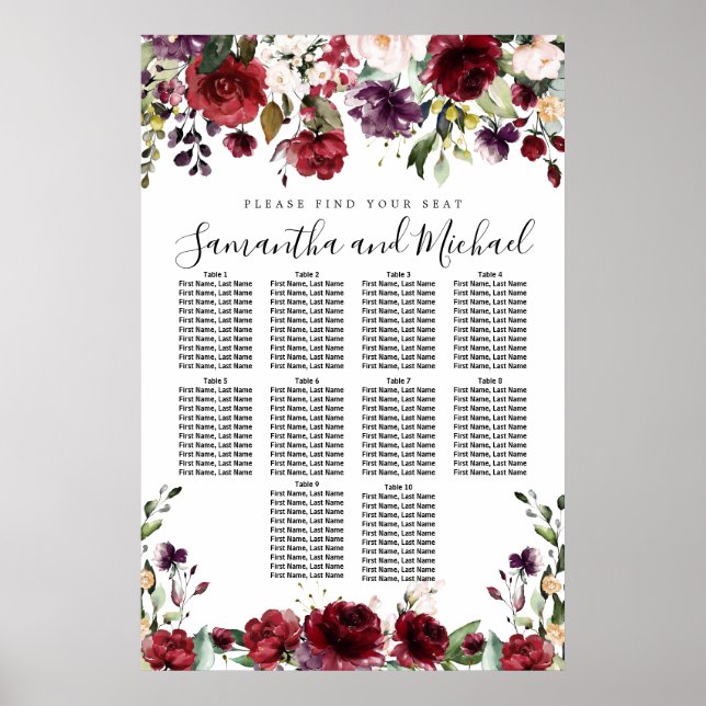 Hochzeitsdiagramm mit 10 Tischen aus Burgund Roter Poster (Vorne)