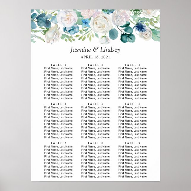 Hochzeitsdiagramm mit blau-weißgrüner Blütenblume Poster (Vorne)