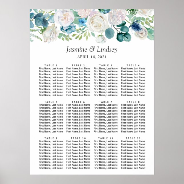 Hochzeitsdiagramm mit grün-blau-weißem Blumenmuste Poster (Vorne)