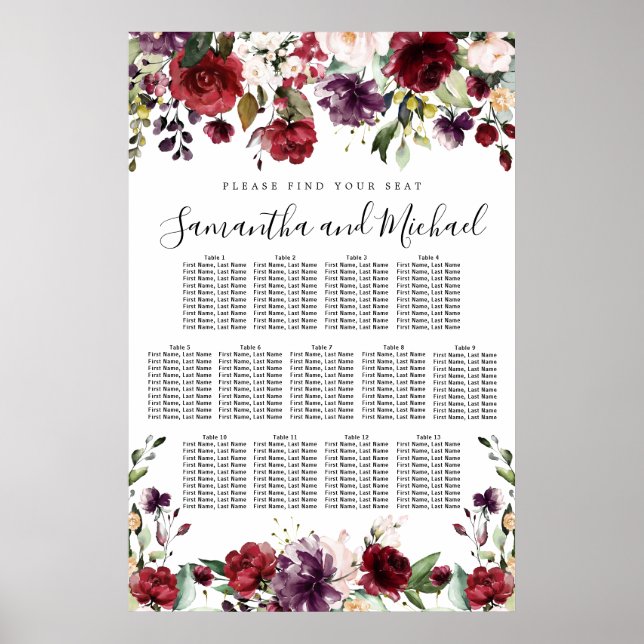 Hochzeitsdiagramm von Burgund Roter Flora mit 13 T Poster (Vorne)
