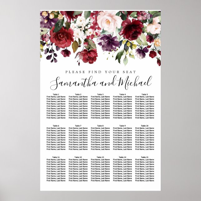 Hochzeitsdiagramm von Burgund Roter Flora mit 15 T Poster (Vorne)