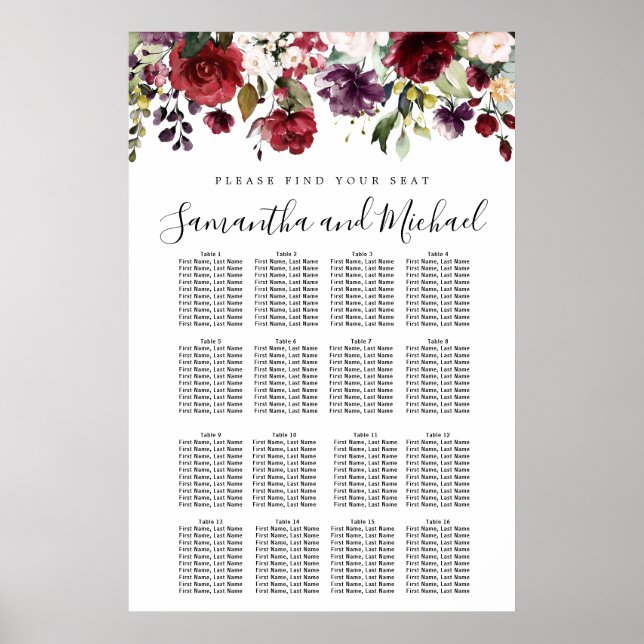Hochzeitsdiagramm von Burgund Roter Flora mit 16 T Poster (Vorne)