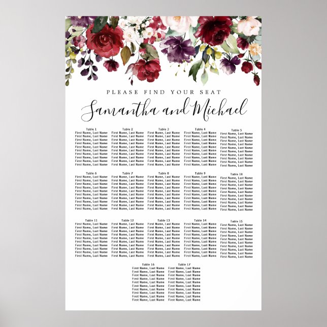 Hochzeitsdiagramm von Burgund Roter Flora mit 17 T Poster (Vorne)