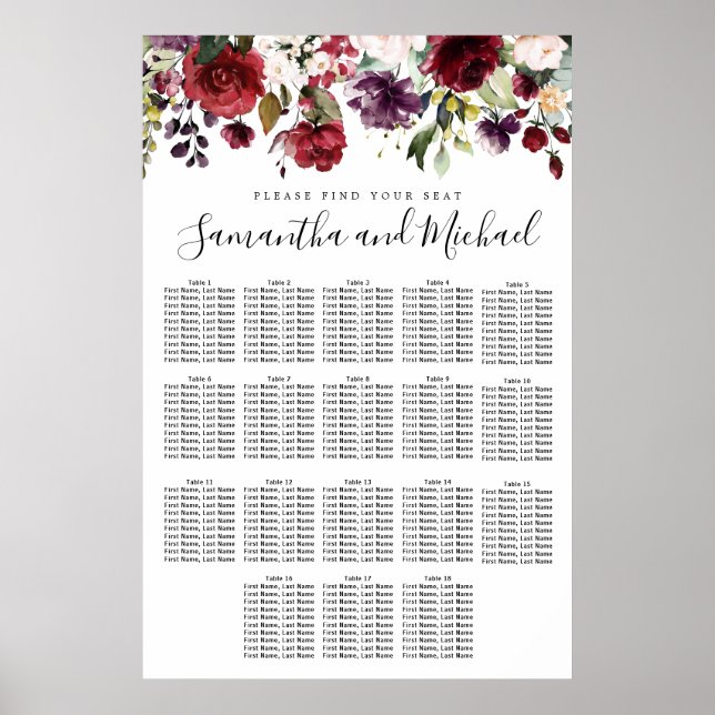 Hochzeitsdiagramm von Burgund Roter Flora mit 18 T Poster (Vorne)