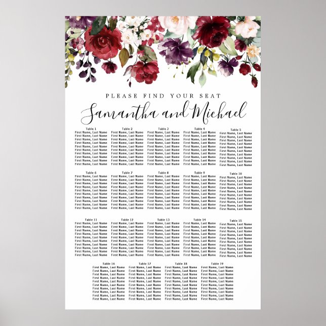 Hochzeitsdiagramm von Burgund Roter Flora mit 19 T Poster (Vorne)