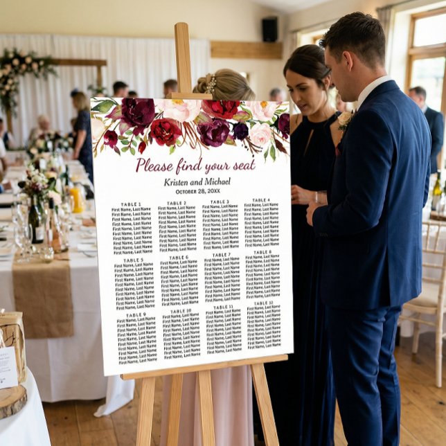 Hochzeitsdiagramm von Burgundy Marsala Red Floral Poster (Von Creator hochgeladen)
