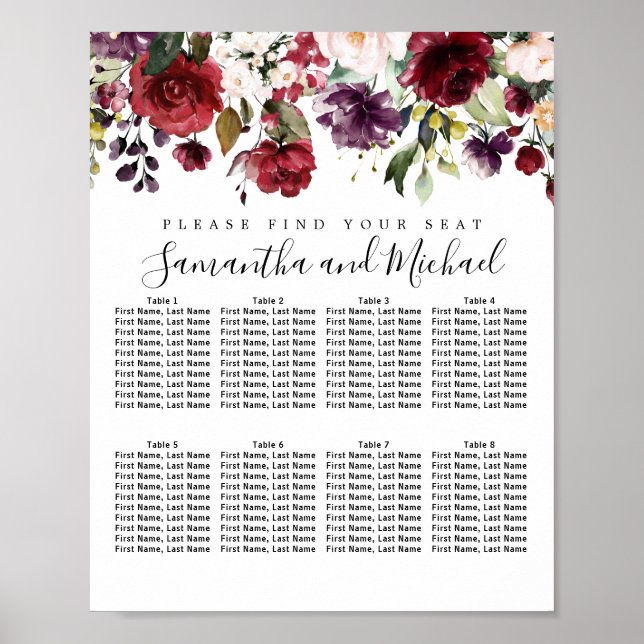 Hochzeitsdiagramm von Burgundy Red Floral mit 8 Ti Poster (Vorne)
