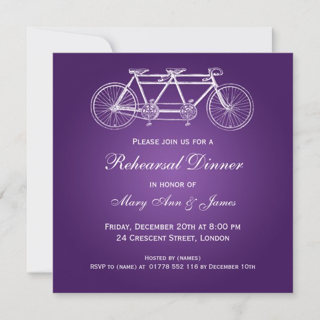Hochzeitsdinner Tandem Bike Lila Einladung (Vorderseite)