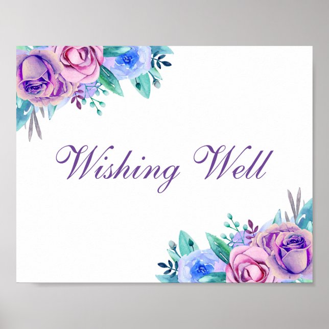 Hochzeitsdruck Blau und violette Blumen wünschen Poster (Vorne)