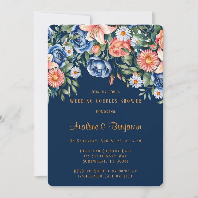 Hochzeitsdusche für Navy und Orange Peony Einladung (Vorderseite)