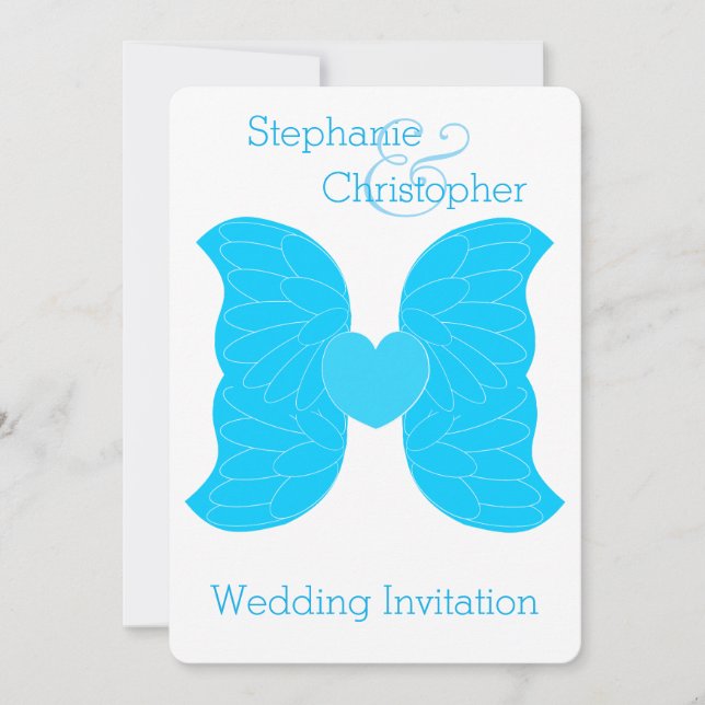 Hochzeitseinladung Blue Angel Wings Herzdesign Einladung (Vorderseite)