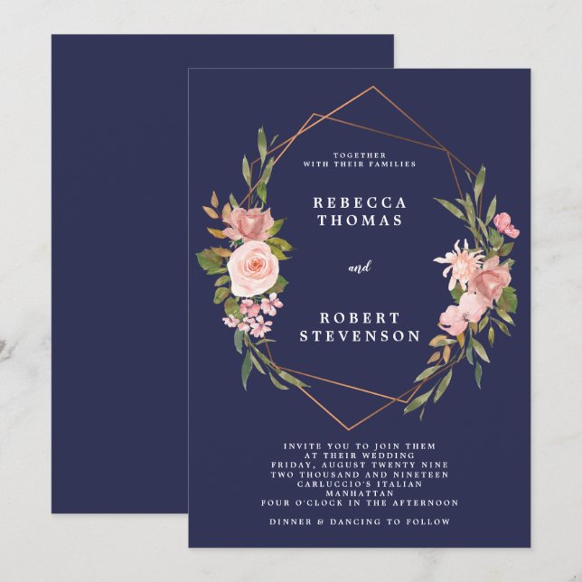 Hochzeitseinladung der Marine mit rosa Blumen Einladung (Vorne/Hinten)