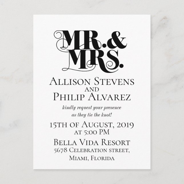 Hochzeitseinladung Design, mit Mr., mrs. Einladungspostkarte (Vorderseite)