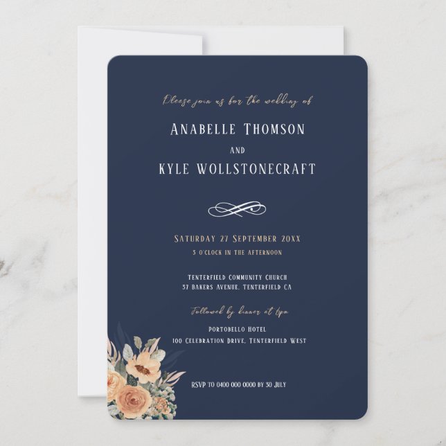 Hochzeitseinladung - Dunkelmarineblau mit Blumen Einladung (Vorderseite)