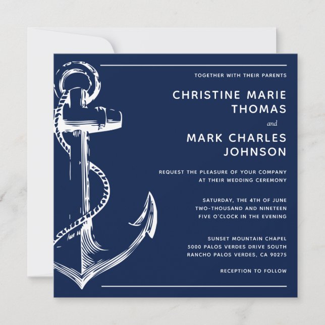Hochzeitseinladung eines Navy Blue Nautical Ship A (Vorderseite)