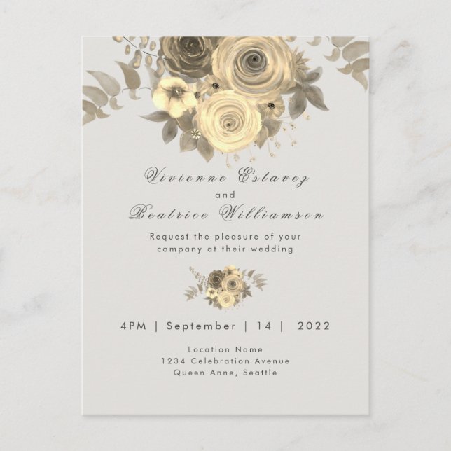 Hochzeitseinladung elegante gelbe Rose blassgrau Postkarte (Vorderseite)
