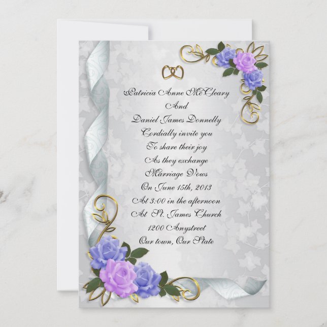 Hochzeitseinladung elegante Lavendel und blaue Ros Einladung (Vorderseite)