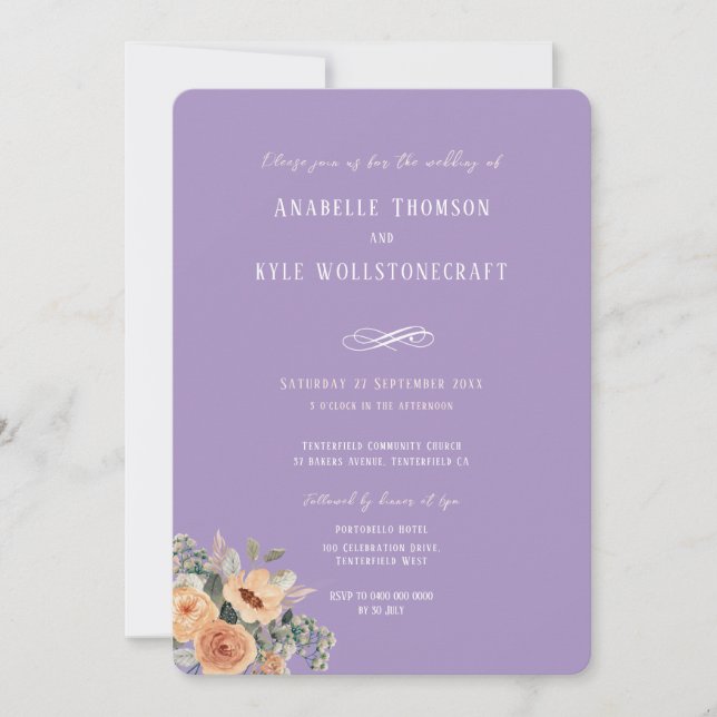 Hochzeitseinladung - Eleganter Lavendel mit Blumen Einladung (Vorderseite)
