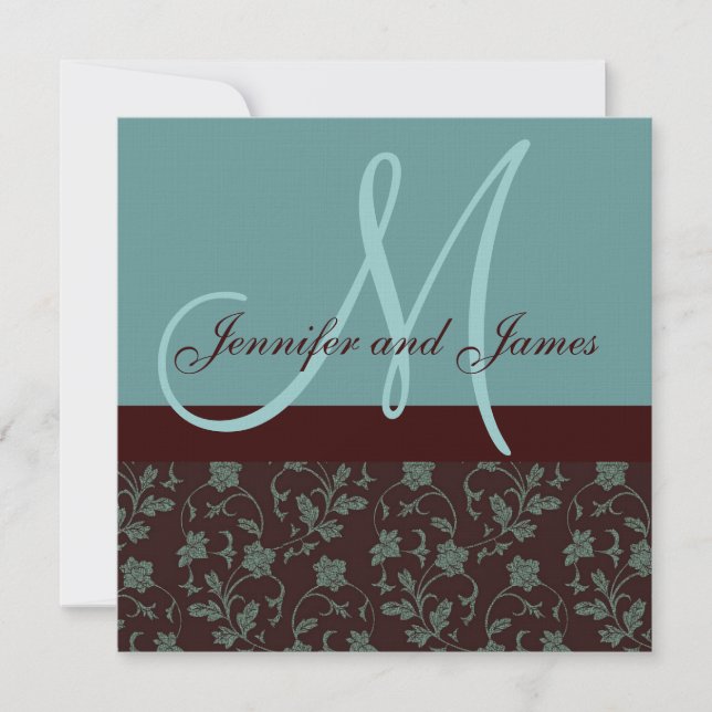 Hochzeitseinladung Floral Damask Blauer Braun Einladung (Vorderseite)